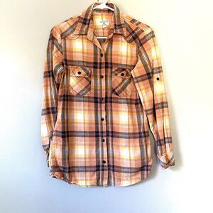 Matchstick Flannel Shirt Womens Small Roll Tab Sleeves and Hem Orange Plaid